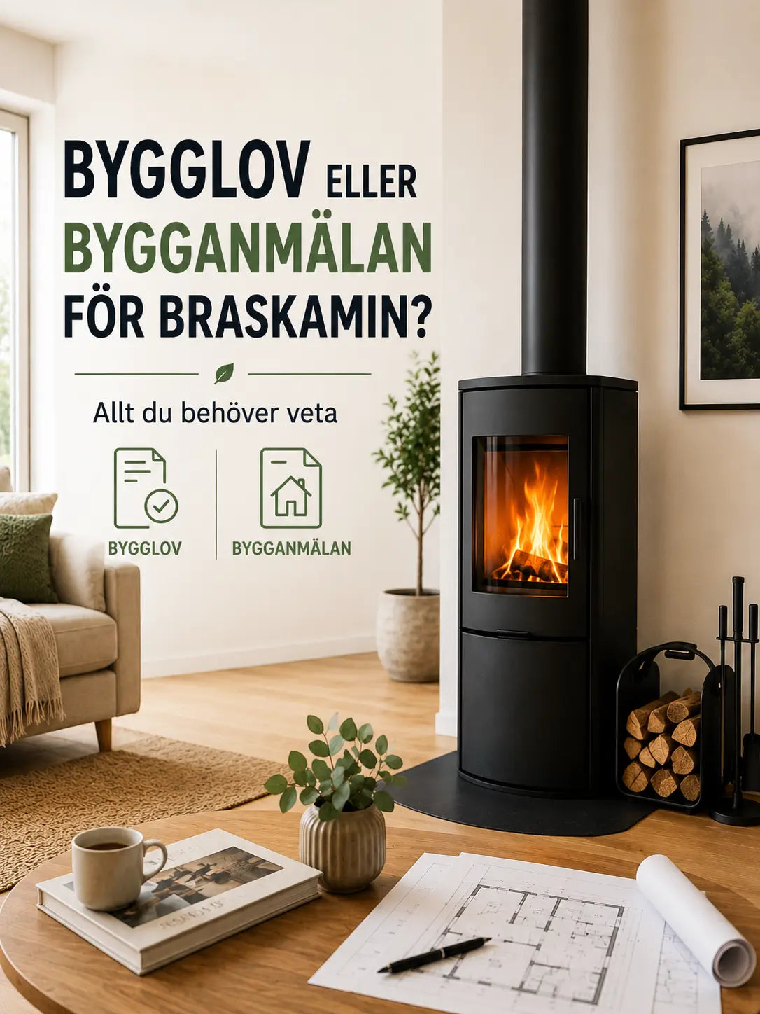 Illustration av bygglov eller bygganmalan bredvid en braskamin i ett svenskt hem