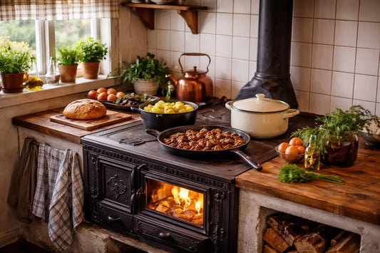 Ett mysigt svenskt kök med en vedspis där köttbullar steks i en panna och potatis kokar i en gryta, omgiven av bröd, örter och ved i en varm och rustik miljö.